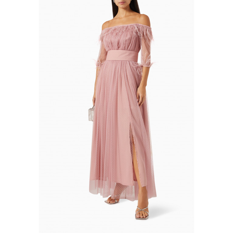 Amri - Off-shoulder Feather-trim Maxi Dress in Tulle Pink