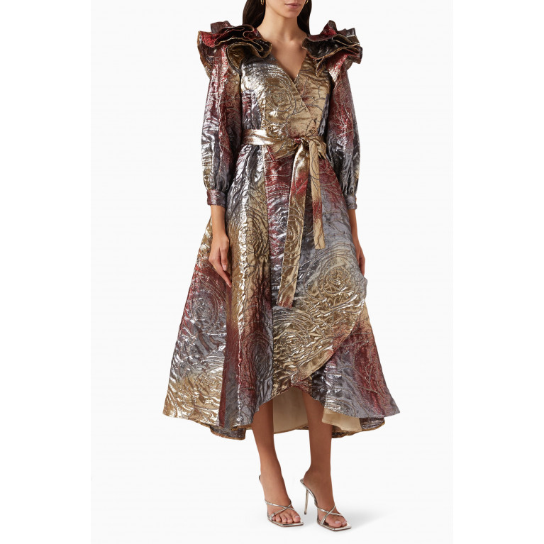 Poca & Poca - Ruffle Midi Dress in Metallic Jacquard