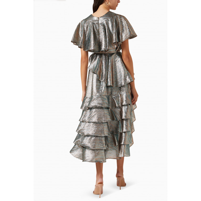 Poca & Poca - Tiered Midi Dress in Metallic Jacquard