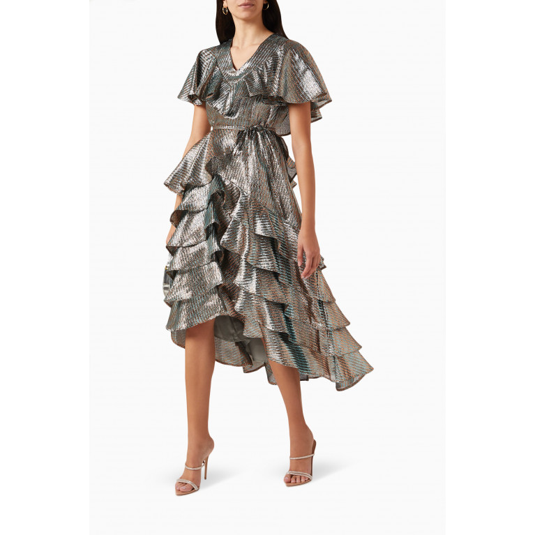 Poca & Poca - Tiered Midi Dress in Metallic Jacquard