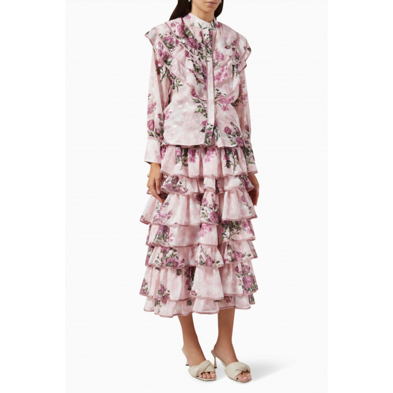Love by Aanchal - Ruffled Floral-print Top & Skirt Set in Silk Organza
