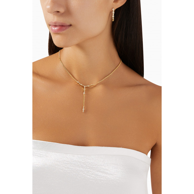 Luv Aj - Hexagon Zirconia Lariat Necklace in Gold-plated Brass