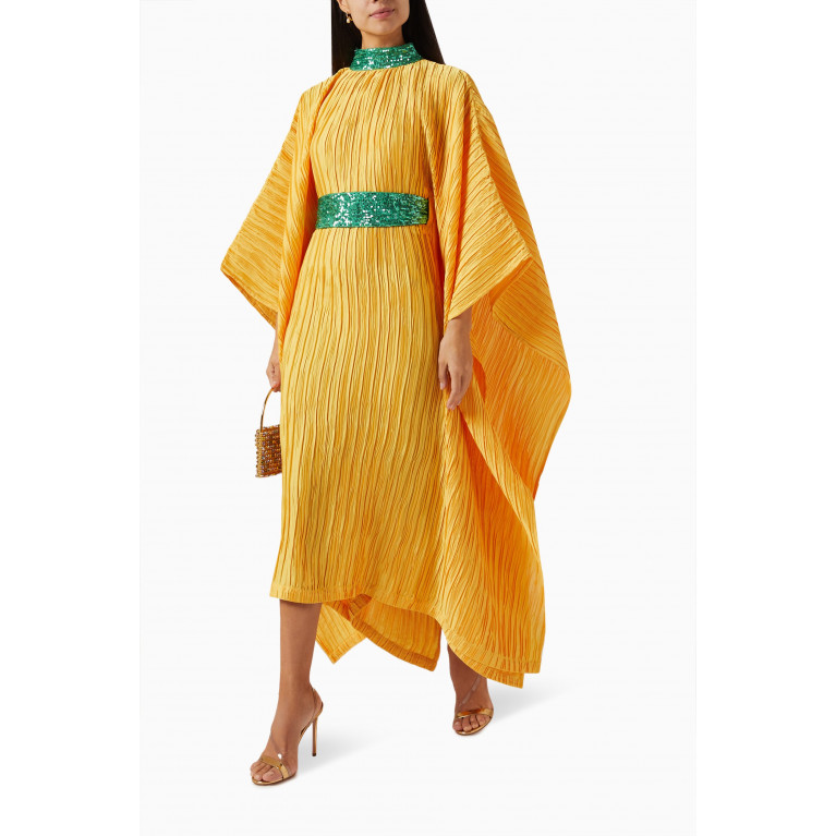 Dima Ayad - Sequin-embellished Pleated Midi Dress in Satin Yellow