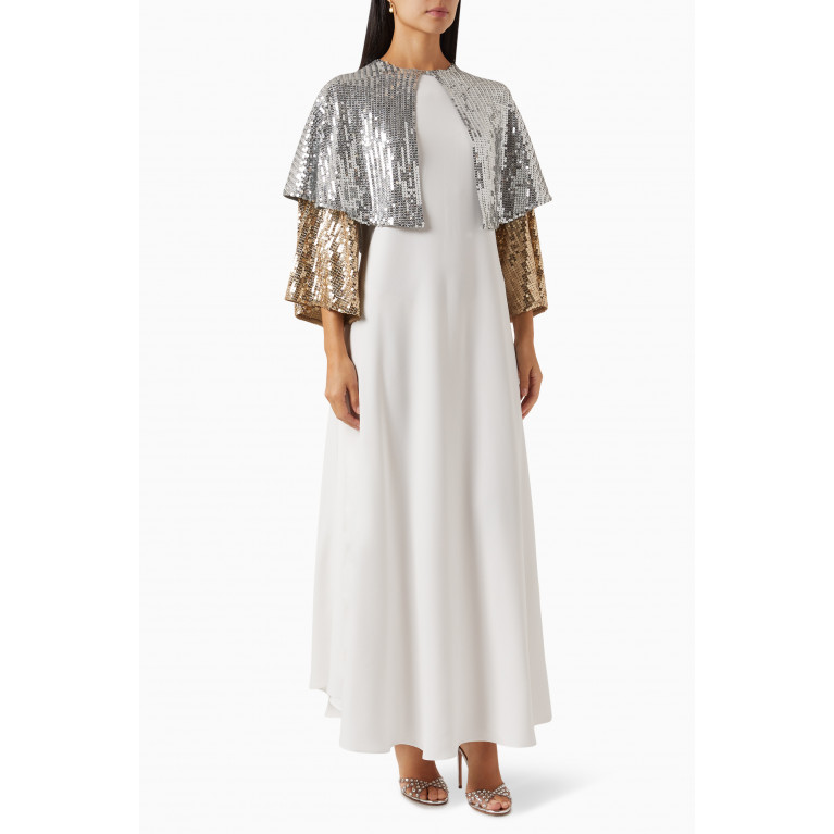 Dima Ayad - Sequin-embellished Cape Maxi Dress in Crepe Silver