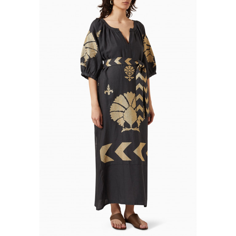Kori - Embroidered Puff-sleeved Kaftan in Linen Black