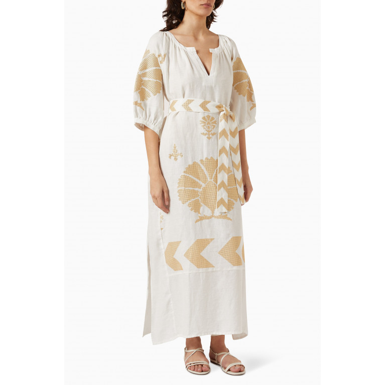 Kori - Embroidered Puff-sleeved Kaftan in Linen White