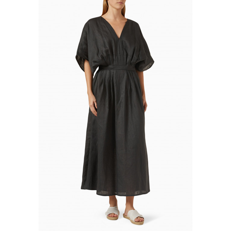 Kori - V-neck Midi Dress in Linen Black