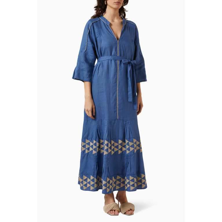 Kori - Embroidered Maxi Dress in Linen Blue