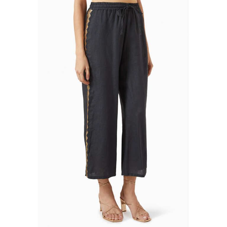 Kori - Embroidered Wide-leg Pants in Linen Black
