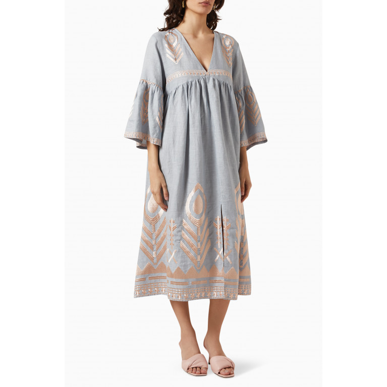Kori - Embroidered Midi Dress in Linen