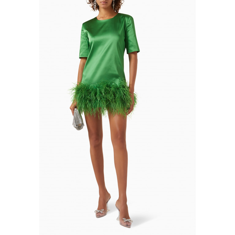 Romani - The Lilly Feather-trimmed Mini Dress in Satin Green