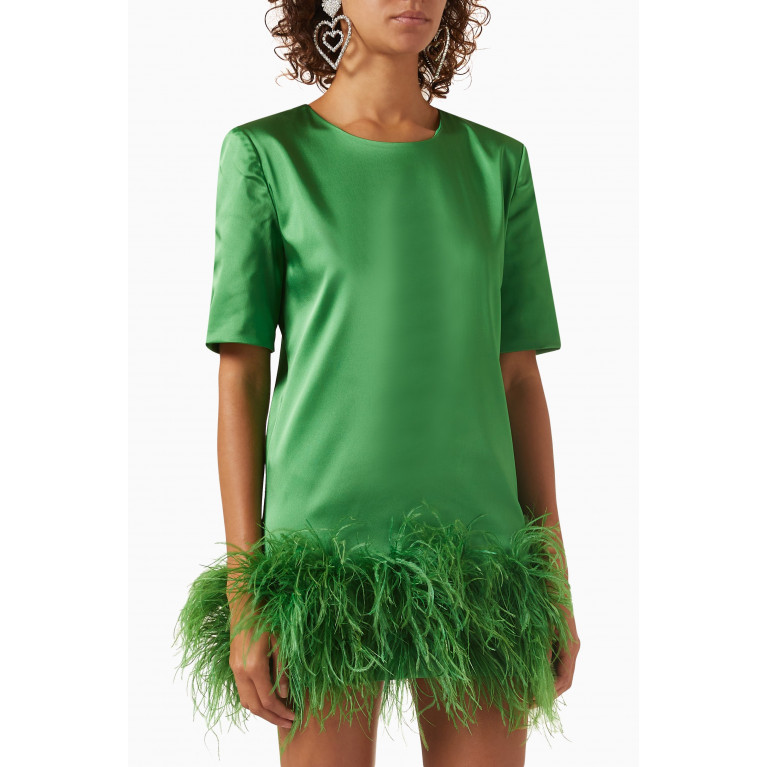 Romani - The Lilly Feather-trimmed Mini Dress in Satin Green