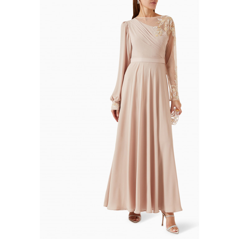 Eleganza La Mode - Embellished-side Maxi Dress in Crepe Neutral