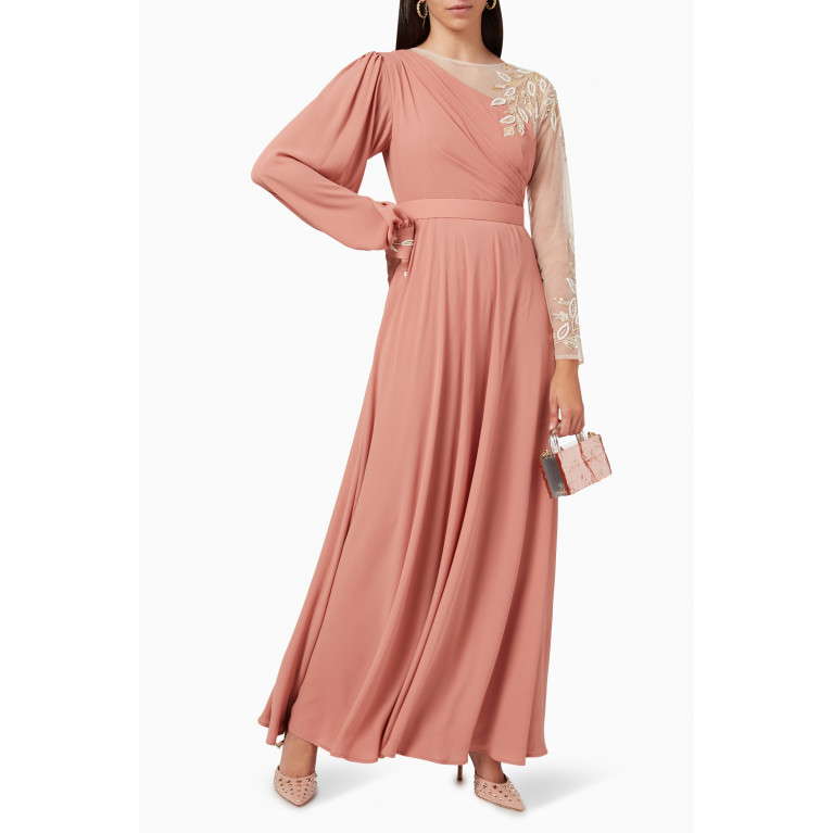Eleganza La Mode - Embellished Maxi Dress in Crepe Brown
