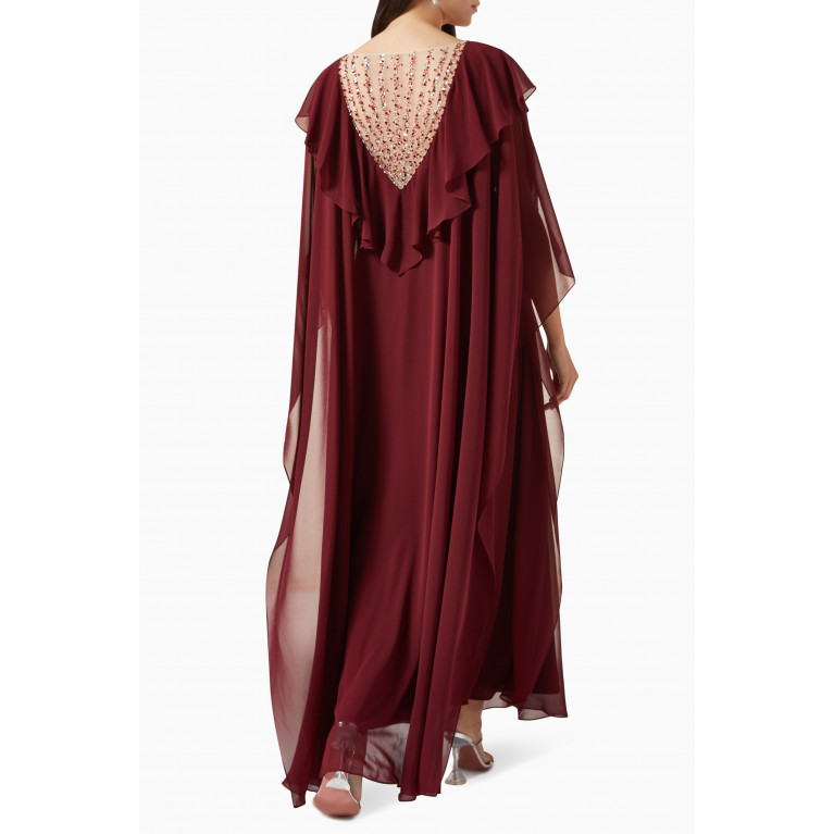 Eleganza La Mode - Ruffled Embellished-neck Maxi Dress in Chiffon Red