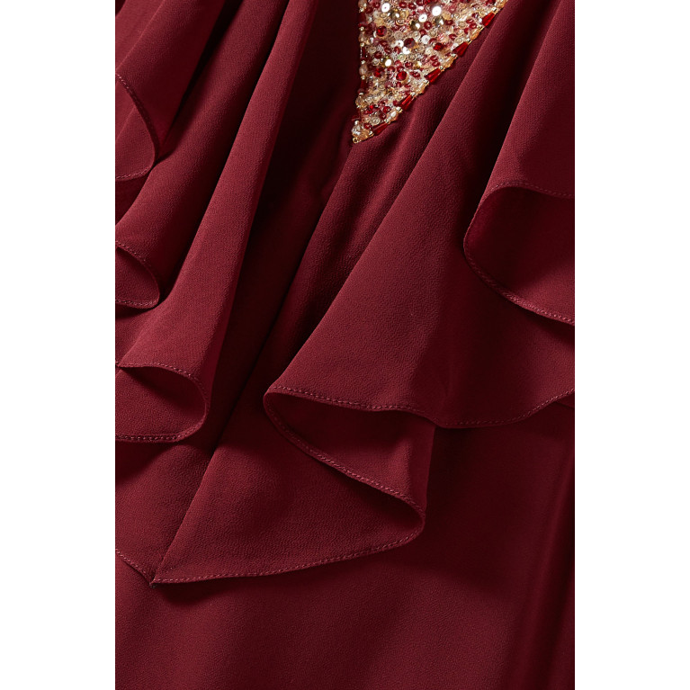 Eleganza La Mode - Ruffled Embellished-neck Maxi Dress in Chiffon Red