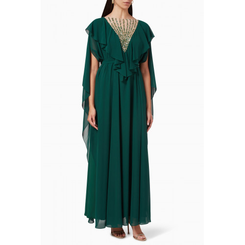 Eleganza La Mode - Ruffled Embellished-neck Maxi Dress in Chiffon Green