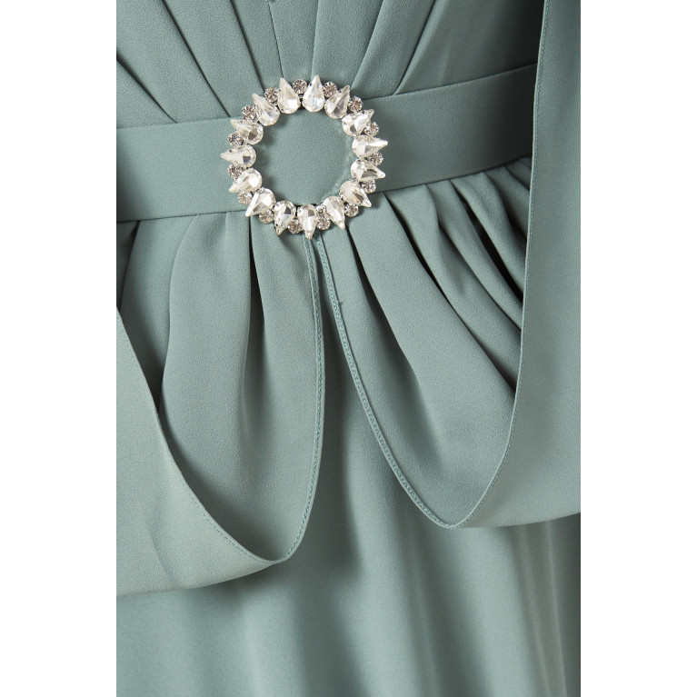 Eleganza La Mode - Embellished Belted Maxi Dress in Crepe Green