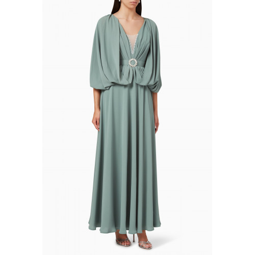 Eleganza La Mode - Embellished Belted Maxi Dress in Crepe Green