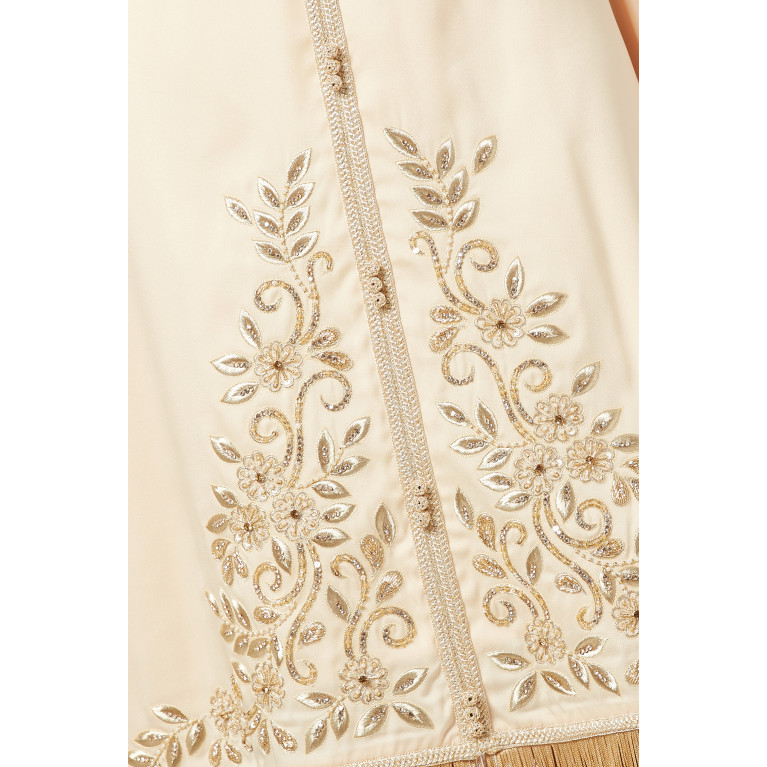 Eleganza La Mode - Fringe-trimmed Embroidered Maxi Dress in Silk-crepe