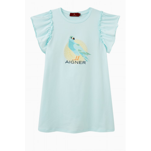 AIGNER - Ruffle-sleeves Bird Print Dress in Cotton Blue