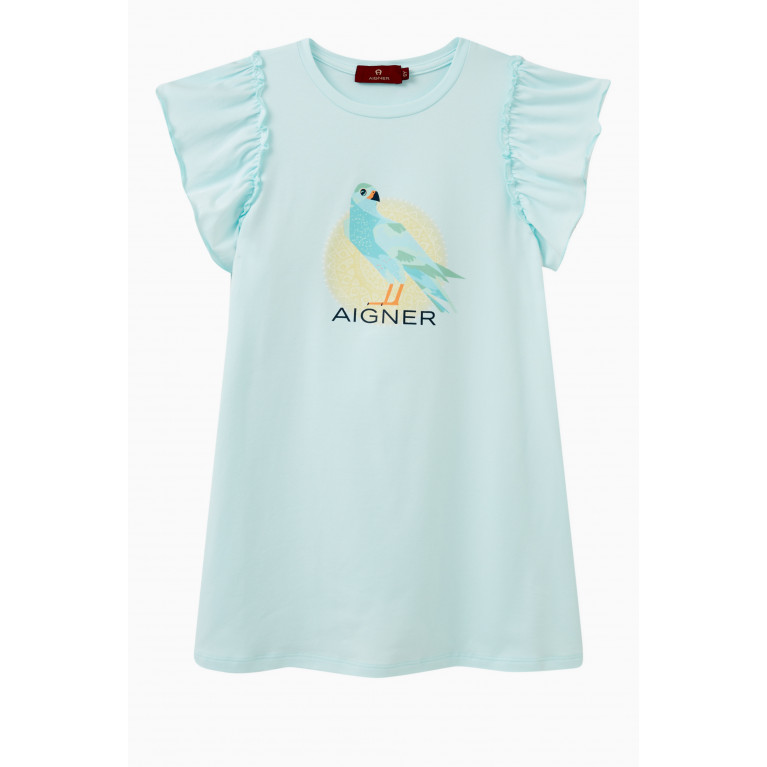 AIGNER - Ruffle-sleeves Bird Print Dress in Cotton Blue