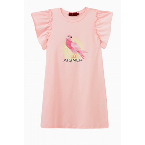AIGNER - Ruffle-sleeves Bird Print Dress in Cotton Pink
