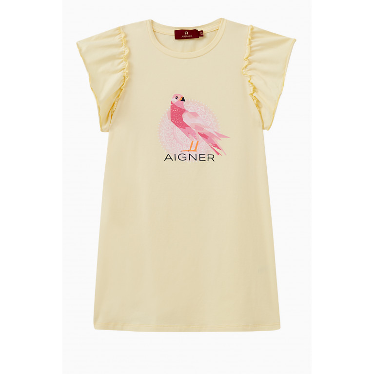 AIGNER - Ruffle-sleeves Bird Print Dress in Cotton Yellow