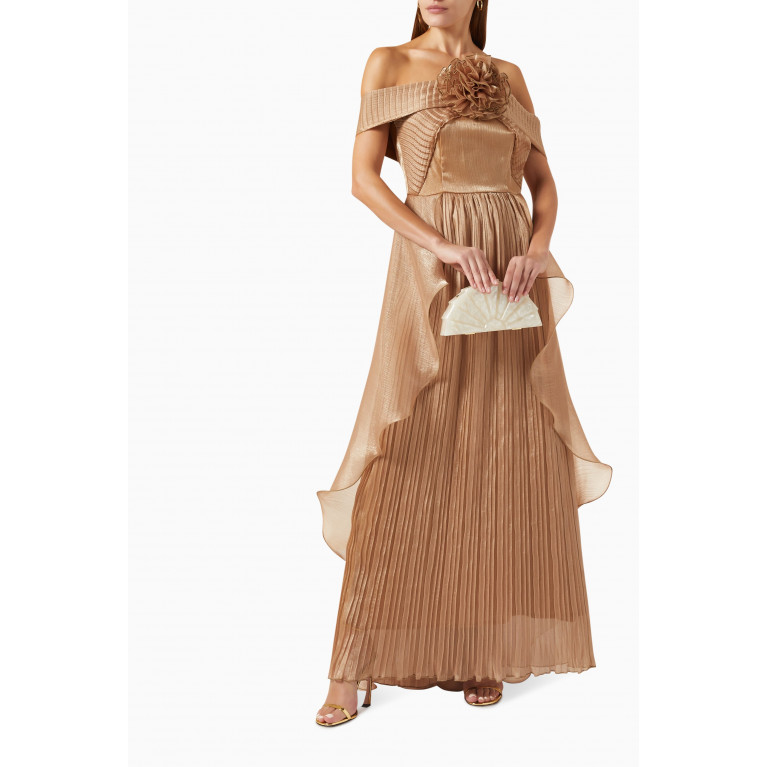 Amri - Pleated Off-The-Shoulders Gown Gold