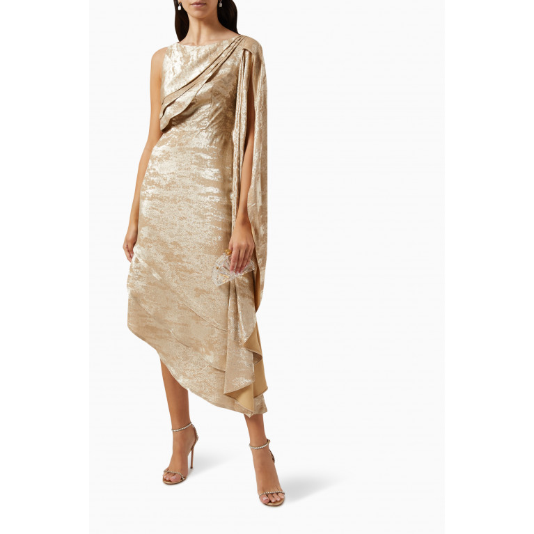 NASS - Cape Sleeve Midi Dress in Satin Gold