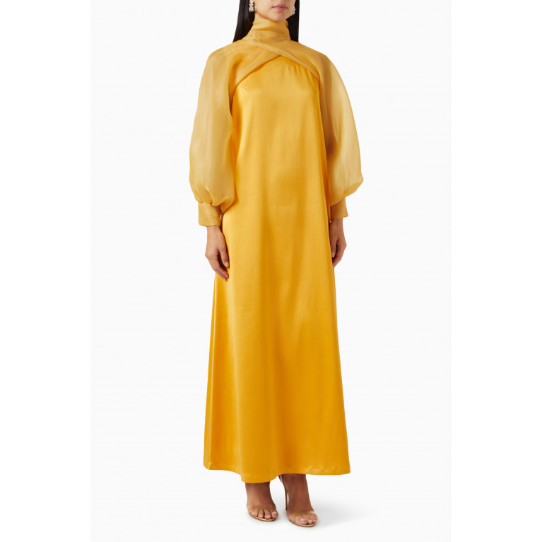 Roua AlMawally - Puff-sleeve Maxi Dress in Satin & Organza Yellow