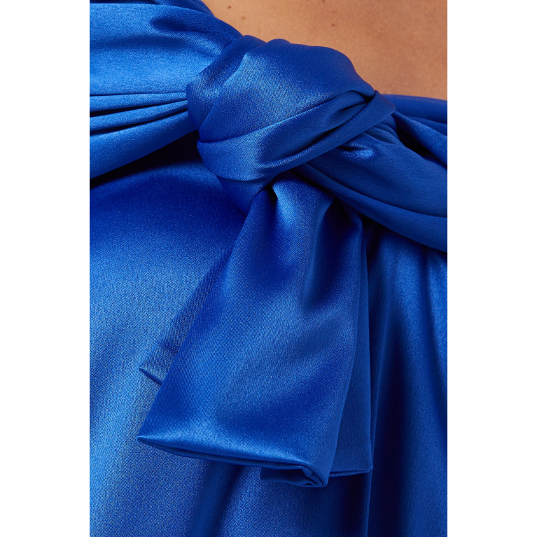 Roua AlMawally - Draped Off-shoulder Maxi Dress in Satin Blue