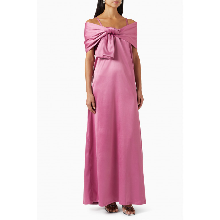 Roua AlMawally - Draped Off-shoulder Maxi Dress in Satin Pink