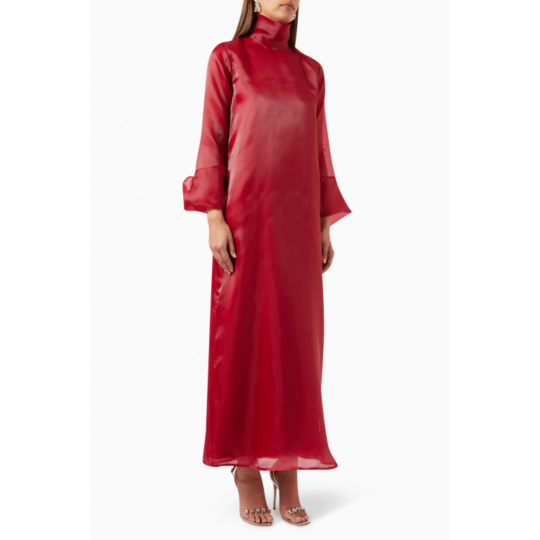 Roua AlMawally - Cape Dress in Satin & Organza Red
