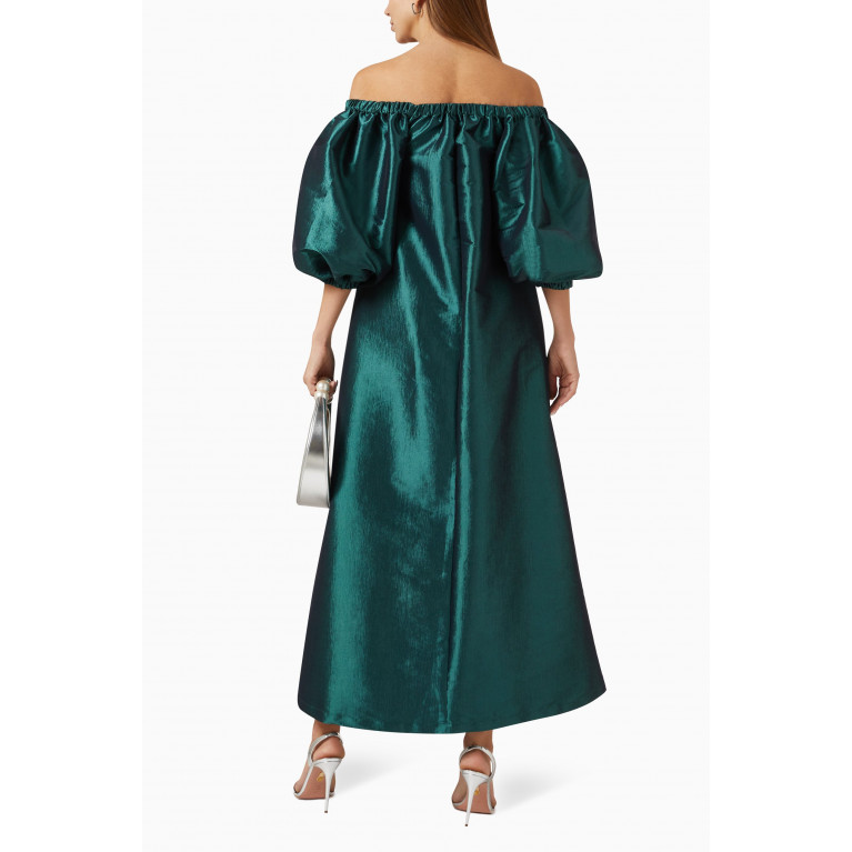 Roua AlMawally - Off-shoulder Maxi Dress in Raw Silk Green