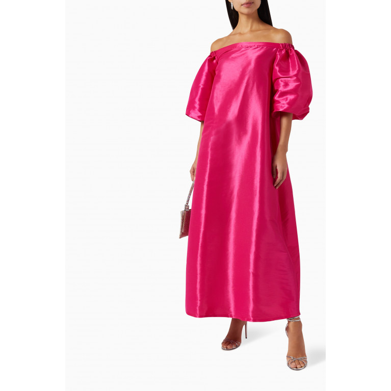 Roua AlMawally - Off-shoulder Maxi Dress in Raw Silk Pink