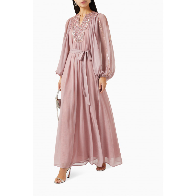 Pankaj & Nidhi - Aureo Embroidered Puff-sleeved Maxi Dress in Chiffon Pink