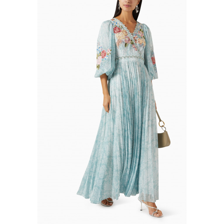 Pankaj & Nidhi - Aloha Floral-embroidered Pleated Maxi Dress in Chiffon Blue