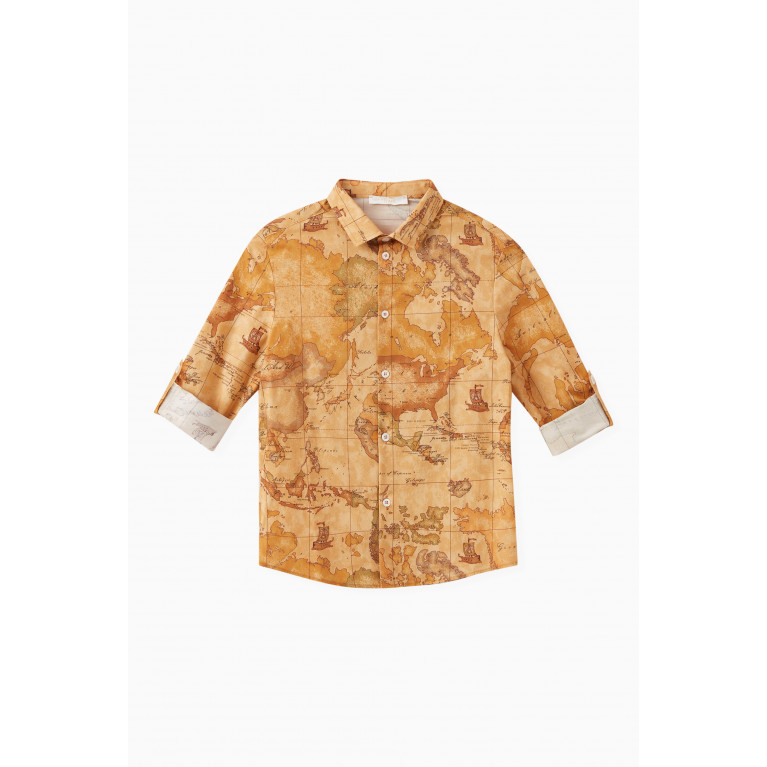 Alviero Martini - Geo Map Print Shirt in Cotton Stretch Brown