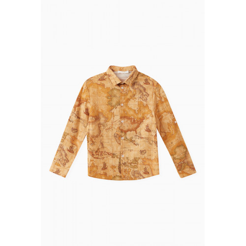 Alviero Martini - Geo Map Print Shirt in Cotton Stretch Brown