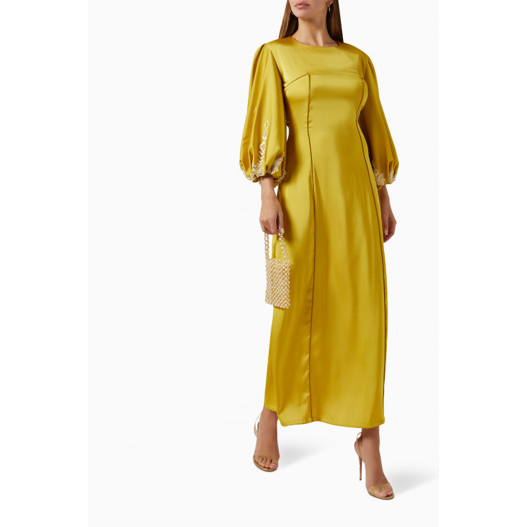 The Orphic - Puff-sleeve Maxi Dress in Satin Green