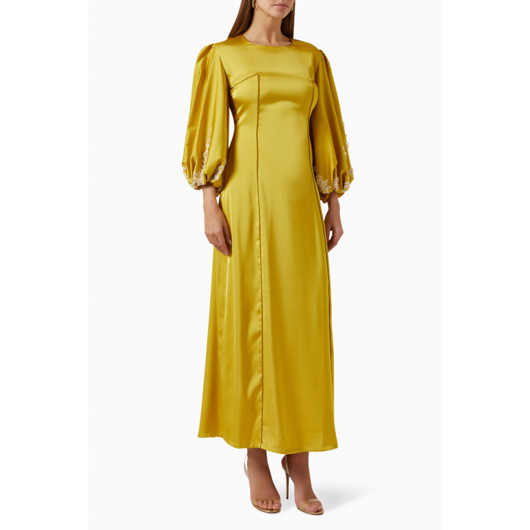 The Orphic - Puff-sleeve Maxi Dress in Satin Green