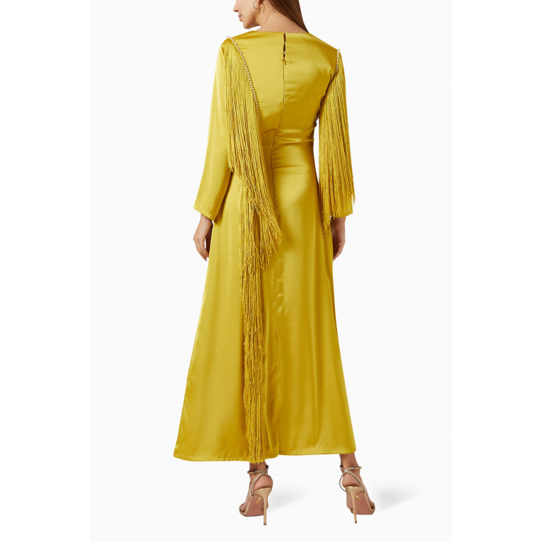 The Orphic - Fringe Maxi Dress in Crepe Green