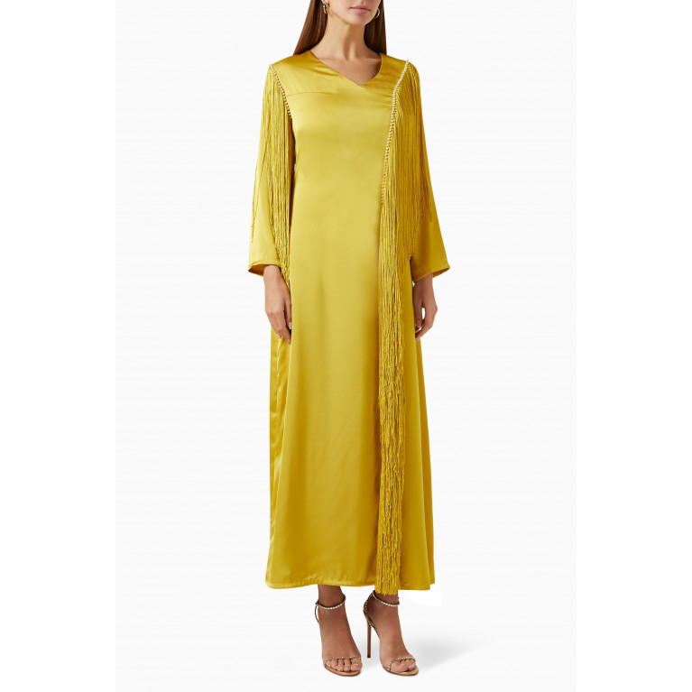 The Orphic - Fringe Maxi Dress in Crepe Green