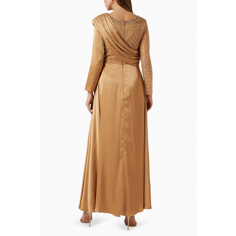 Agua Bendita - Embellished Pleated Maxi Dress in Satin Gold