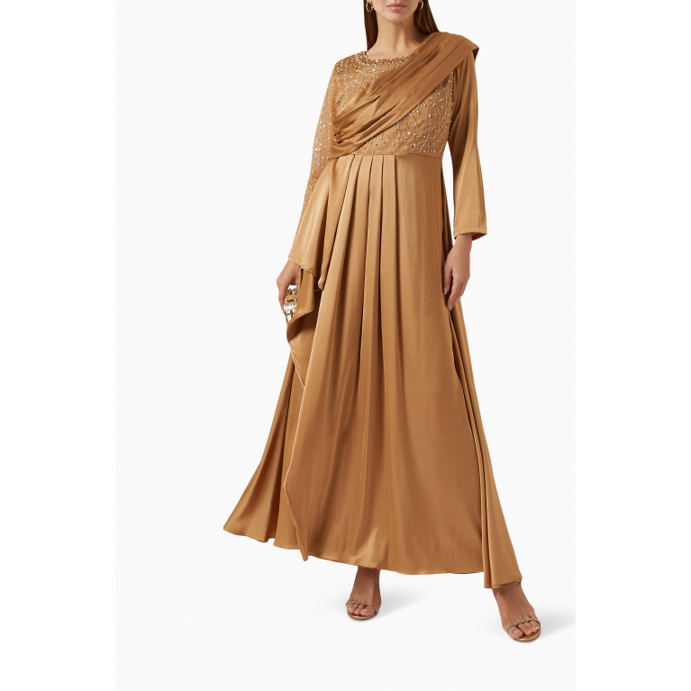 Agua Bendita - Embellished Pleated Maxi Dress in Satin Gold