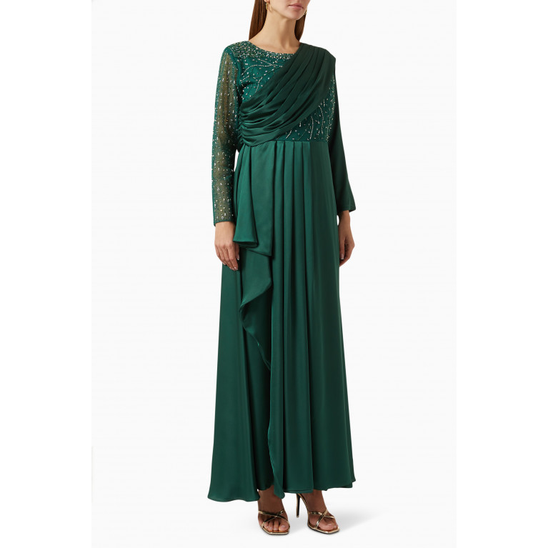 Agua Bendita - Embellished Pleated Maxi Dress in Satin Green