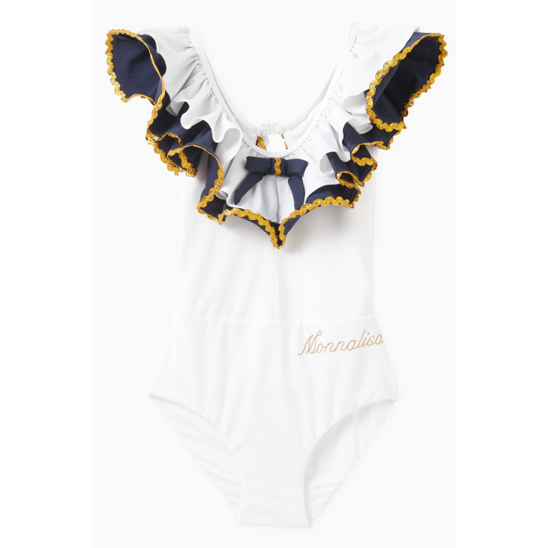 Monnalisa - Frilled Logo-print One-piece Swimsuit in Polyester
