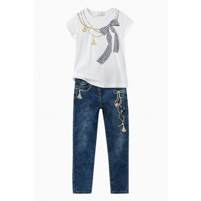 Monnalisa - Embroidered Bow Jeans in Denim Blend