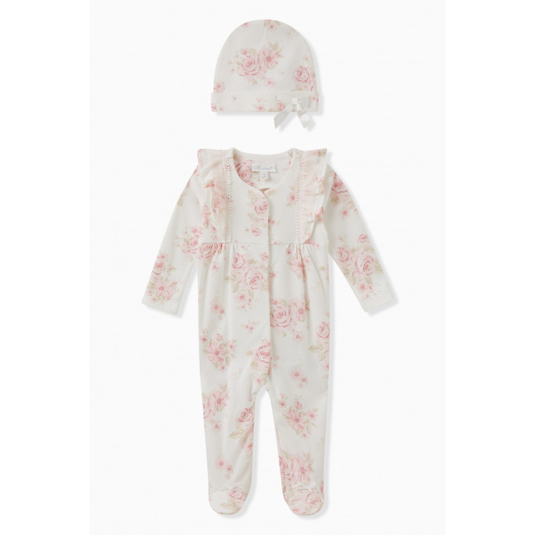 Miniclasix - Floral Print Coverall & Hat Set in Cotton